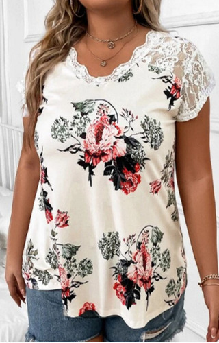 Blusa Beige Estampado Floral Y Encaje, Tallas Extras 2xl 3xl