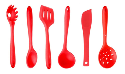 Kit Espatula Colher Utensílios De Silicone Vermelho 6 Pcs *