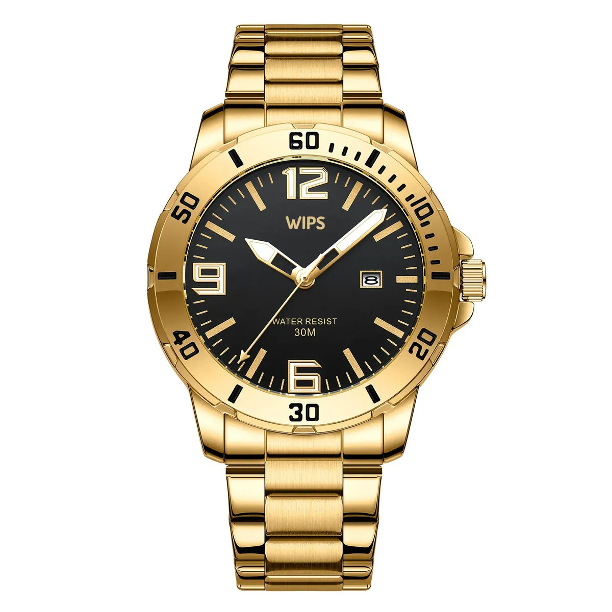 Relógio Masculino Esportivo Wips W589 Analógico Quartzo Calendário Data Ponteiro Luminoso Pulseira De Aço Inoxidável Moderno Luxo Social Casual - Dourado E Preto