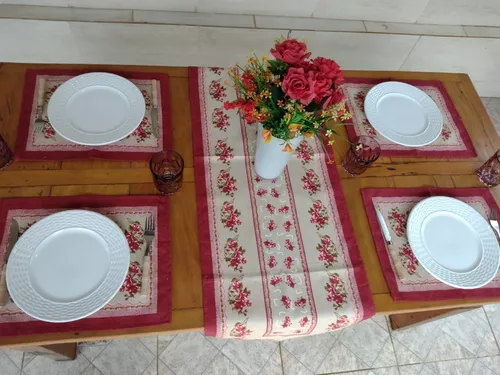 Jogo De Cozinha Em Tecido Com 6 Peças 1 Caminho de Mesa 1 Toalha De Mesa 4  Bandejas Americanas