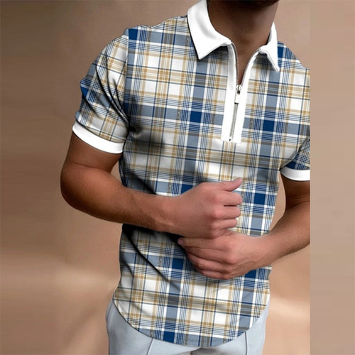 Vintage Patchwork Cremallera Diseño Polo Hombres Casual