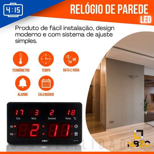Imagem 2 de 5 de Relógio De Parede Led Digital Grande Calendário Temperatura