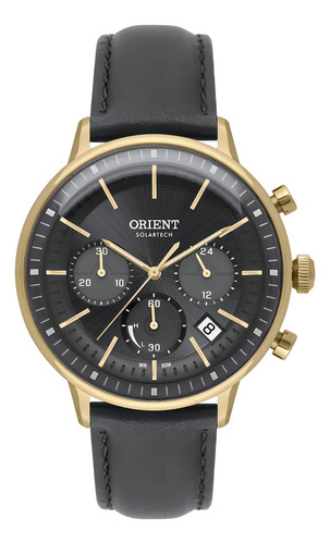 Relógio Orient Solartech Cronógrafo Masculino Mgscc010 G1px Correia Preto Bisel Dourado Fundo Preto