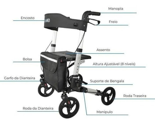 Imagem 3 de 4 de Andador Alumínio Dobrável 4 Rodas Assento Bolsa D14 Dellamed