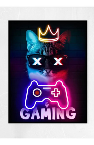 Setup Gamer Neon Cat Cuadro Decorativo Bastidor Grande 56x85