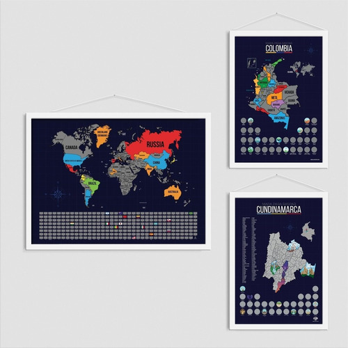 Mapamundi + Mapa Colombia + Cundinamarca / Mapas Raspables