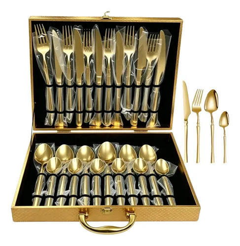 Faqueiro Dourado  Aço Inoxidável 24 Pcs Caixa Presente Luxo Dourado