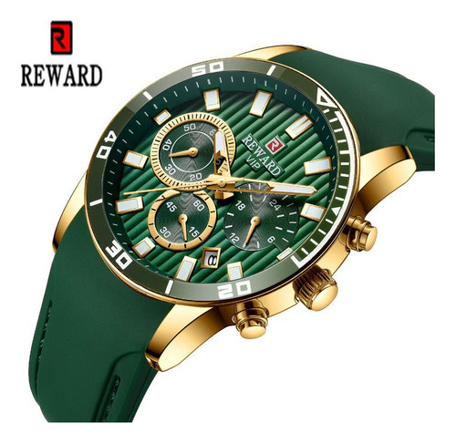 Relojes de cuarzo Reward con calendario de negocios para hombre, bisel dorado/verde