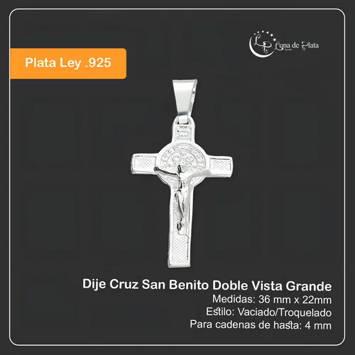 Dije Cruz San Benito Doble Vista Grande En Plata .925 Color Blanco