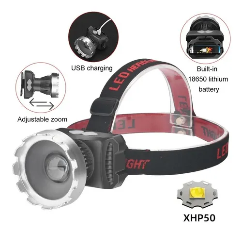 Linterna Led Minero Cabeza Cintillo Usb Recarga Xhp50