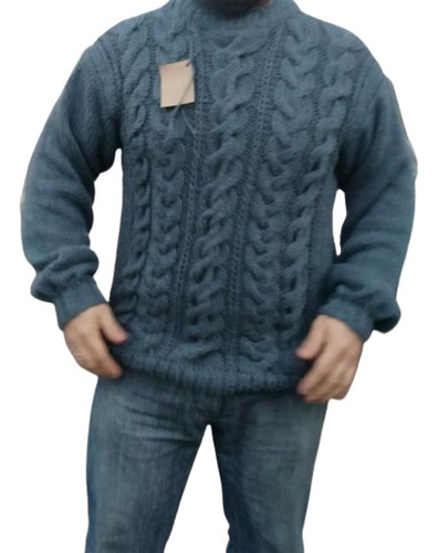 Sweater Hombre Xxl Azul Acero Tejido A Mano Con Trenzas 