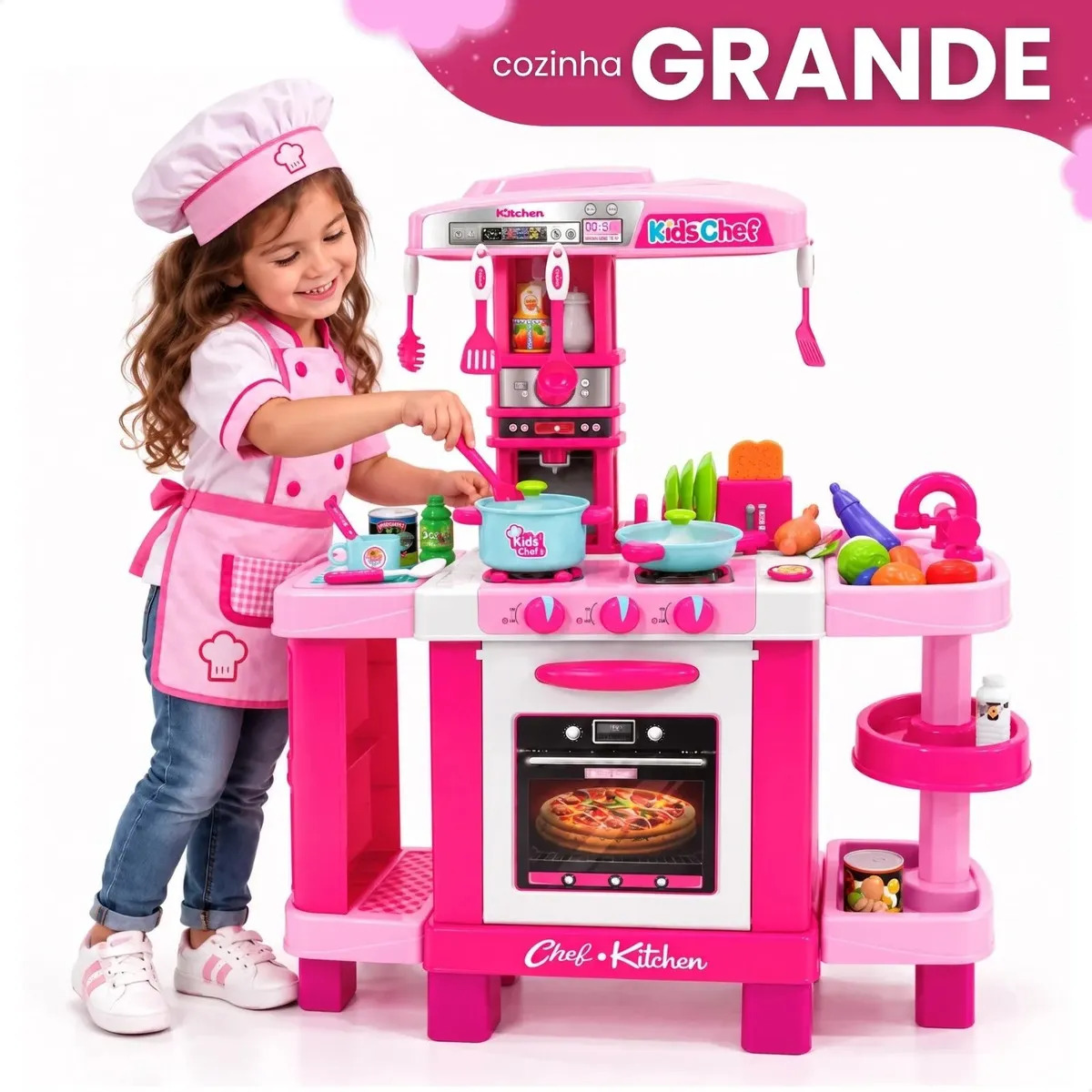 Kit Cozinha Infantil Completa Grande Interativa Com Som E Luz Rosa-chiclete