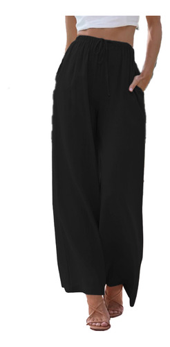 Pantalón Ancho Casual De Mujer Con Cordón De Algodón Y Lino