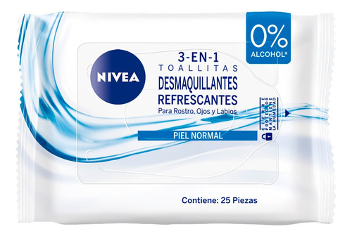 Desmaquillante toallita Nivea Refrescantes 3 en 1 para piel normal por unidad de 25