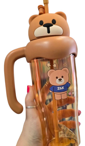 Vaso Grande 750ml Tapa Kawaii Acrílico Resistente Oso Marrón