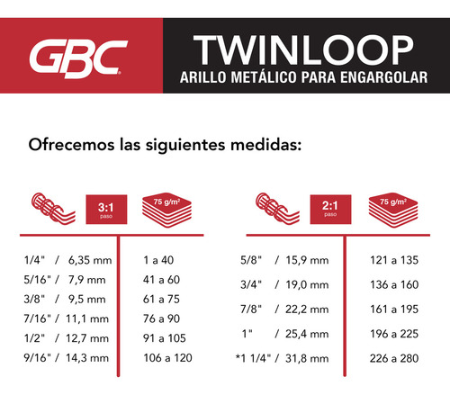 Arillo Metálico Twinloop Gbc 1/4 Pulgadas Paso 3:1 -100 Pzs Color Negro