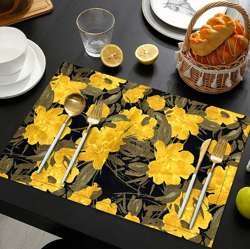 Jogo Americano 4 Peças Estampado Floral Amarelo E Preto