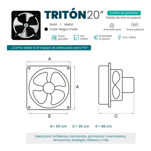 Imagen 3 de 6 de Extractor De Aire Industrial Negro 20 PuLG Tritón Masterfan