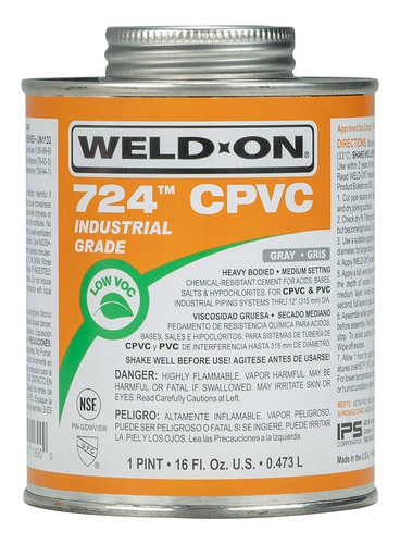 Pegamento Para Cpvc 1/2 Litro, Weld-on 724 Gris Industrial