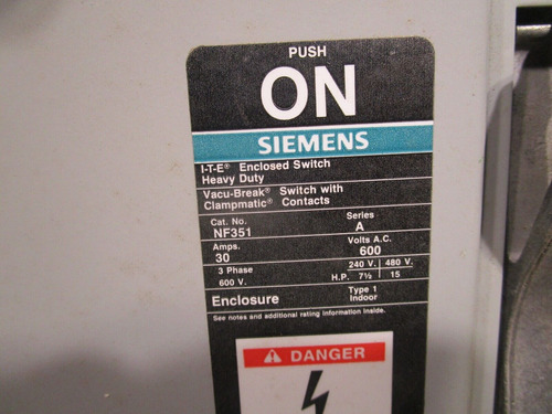 Ite Siemens Nf351 Safety Switch, 30a, 600v, 3ph, Type 1 Bbz