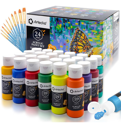 Juego De Pintura Acrílica Con 10 Pinceles Y 24 Colores, Pint