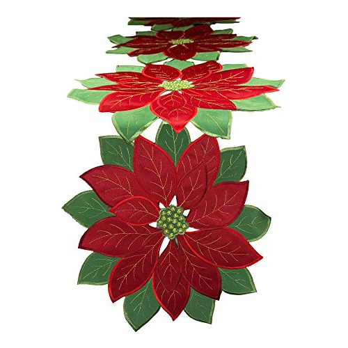 Camino De Mesa Poinsettia Rojo Navideño Bordado, 16x34...