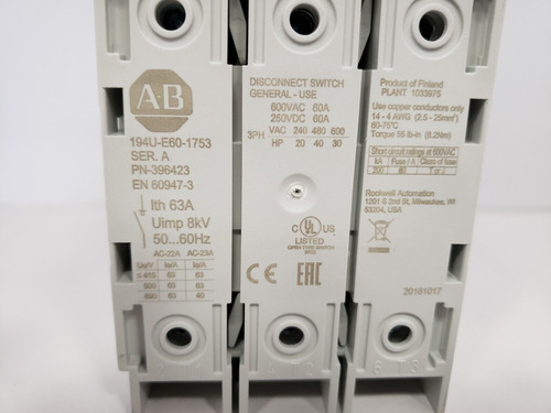 Allen Bradley 194u-e60-1753 Disconnect Switch 60a 3 Pole Bbd
