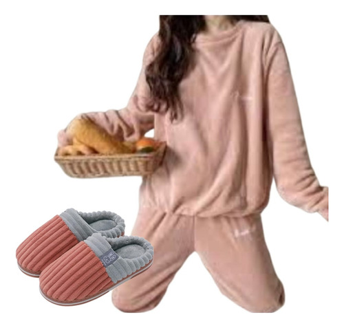 Pijama Forro Polar Pijama Mujer Otoño Invierno + Pantuflas