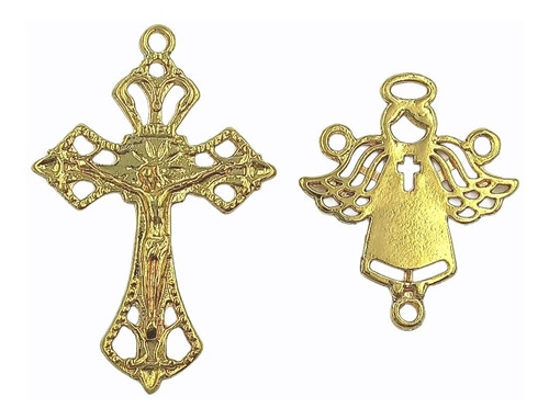 10 Crucifixos + 10 Entremeios Anjo Da Guarda Vazado Dourado