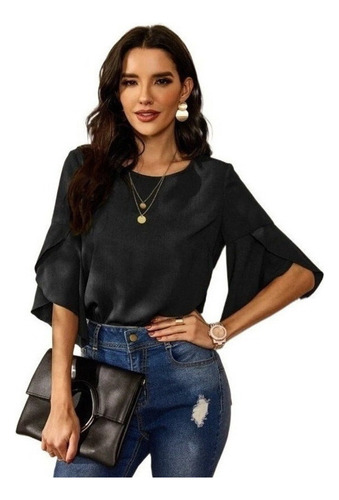 Blusa Dama Elegante Holgado De Liso Con Mangas Acampanadas