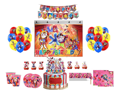 Kit Cumpleaños Digital Circus+pendon+platos Vasos Mantel Ser