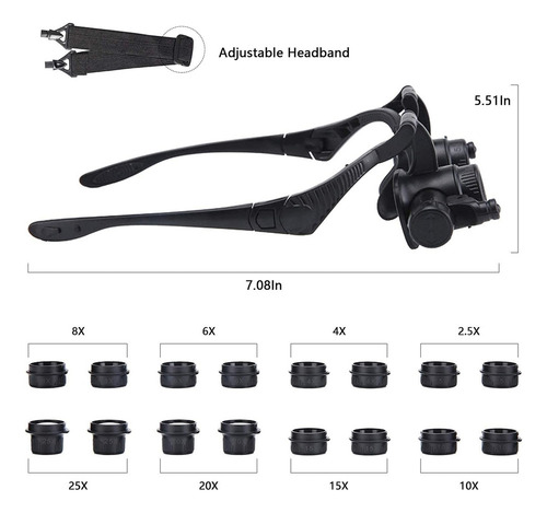 ** Lupa De Cabeza Con Luz Led Con 8 Pares Lentes