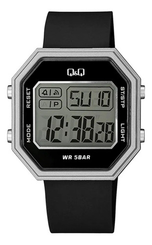 Reloj pulsera Q&Q M206J003Y de cuerpo color plateado, digital, fondo verde, con correa de resina color negra, bisel color plateado