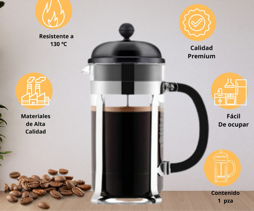 Cafetera Prensa Francesa 800ml, Vidrio Y Acero Inoxidable
