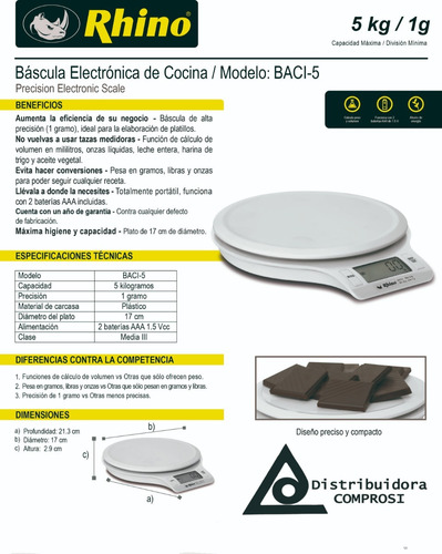 Bascula Cocina Baci 5 Kg Rhino Pesa Gramos Y Litros Comprosi