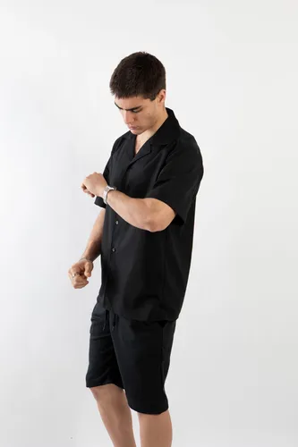 Conjunto Lino Camisa Cuello Mao Manga Corta Bermuda Hombre