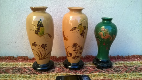 Lote De 3 Antiguos Jarrones Japoneses Pintado A Mano