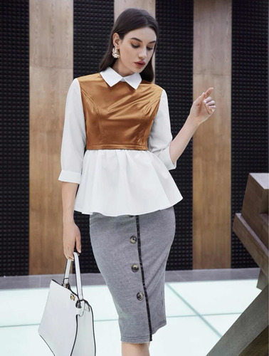 Blusa Vinipiel Café Con Camisa Incluida Elegante Talla S