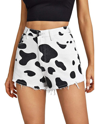 Pantalones Cortos Vaqueros Con Estampado De Vaca Para Mujer