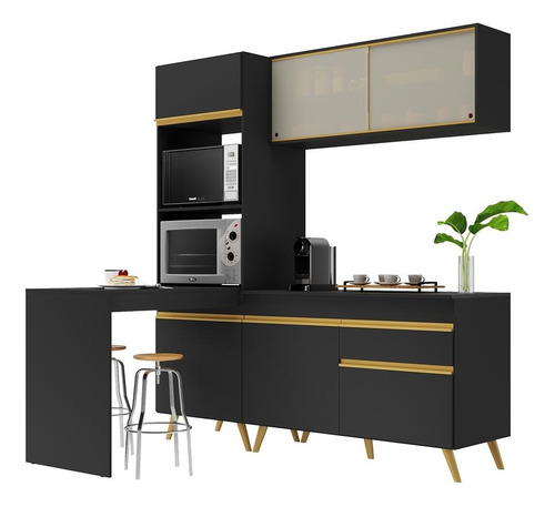 Armário De Cozinha Compacta 182cm Veneza Multimóveis V3702 Cor Preto/Dourado