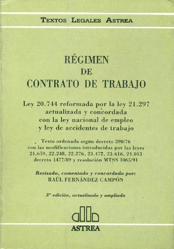 Libro Regimen De Contrato De Trabajo De Raul Fernandez Campo