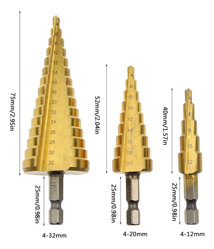 Juego De 3 Brocas Hss Step, 4-12 Mm, 4-20 Mm, 4-32 Mm, Cone
