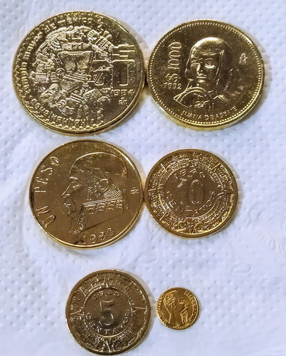 Set De 5 Monedas Mexicanas Con Chapa Color Oro !! (Usado)