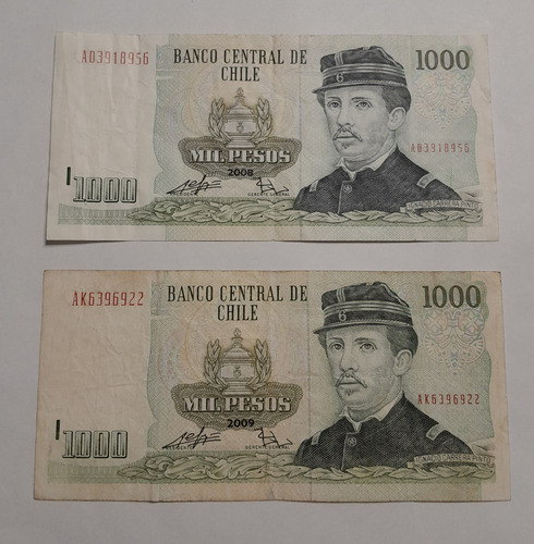 Par De Billetes 1000 Pesos Chilenos Años 2008 Y 2009 (grw) (Usado)