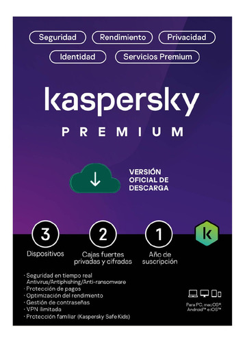 Imagen 1 de 4 de Kaspersky Antivirus Premium 3 Dispositivos Por 1 Año