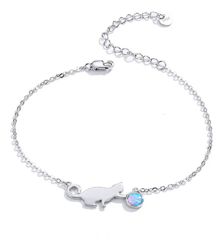 Pulsera Brazalete Gato Gatito Y Pelota De Ópalo Plata S925