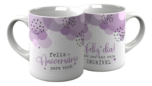 Caneca Feliz Aniversário Vários Modelos 325 Ml De Porcelana Branco Feliz Aniversário Lilás