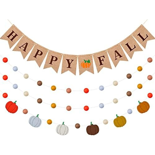 Banner De Yute  Happy Fall Pumpkin  Y 3 Piezas De Guirn...