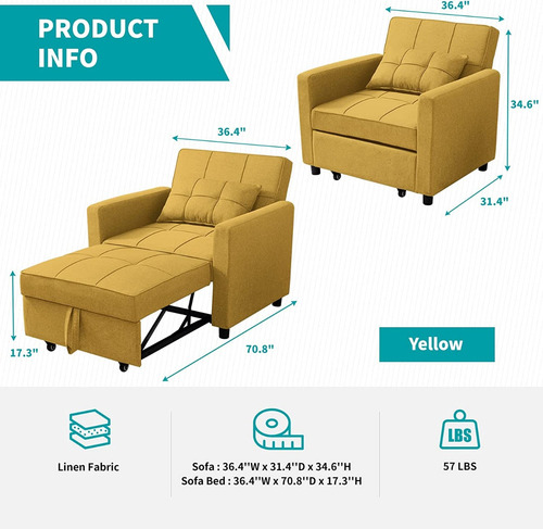 Sofa Futon Cama Plegable 3 En 1 Linen Amarillo Marca Balus