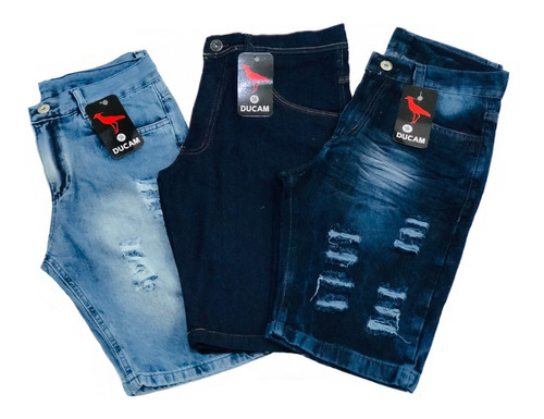 Imagem 1 de 4 de Kit 3 Bermudas Jeans Masculina Rasgada Original Short Jeans